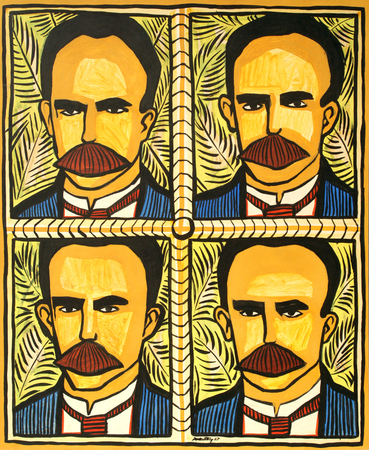 RA�L MART�NEZ <br> 
Four Portraits of Mart�<br> (<I>Cuatro Retratos de Mart�</I>), 1967<br>
mixed media on heavy paper laid down on board<br> 31 5/8 x 25 3/8 inches<br><br>
<I>Provenance:</I><br>
 Collection, Belgium.<br><br>Illustrated in <i>IMPORTANT CUBAN ARTWORKS<br> Volume Fourteen</i>, pg. 81.