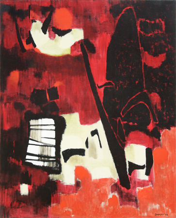 HUGO CONSUEGRA<br> Montagues and Capulets<br> (<i>Montescos y Capuletos</i>)<br> 1956<br> oil on canvas<br> 49 3/4 x 39 3/4 inches<br><br>
Exhibited in <i>Hugo Consuegra of Cuba,</i> Pan American Union,<br> Washington, D.C., May 21 to June 19, 1956,<br>
and listed in the exhibition brochure.<br><br>
Illustrated in <i>IMPORTANT CUBAN ARTWORKS,<br>
Volume Fourteen</i>, page 75.