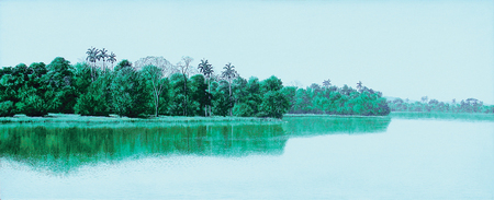 TOMÁS SÁNCHEZ<br> Lake Shore<br> (<i>Orilla</i>)<br> 1986<br> acrylic on canvas<br> 31 1/2 x 77 inches<br><br>
This painting was exhibited at Christie’s, New York, May 26, 2005,<br> and is illustrated in the auction catalog, lot no. 45.<br><br>
This painting is accompanied by a photo-certificate of authenticity signed by the artist,<br> Tomás Sánchez, dated January 11, 2004.<br><br>Illustrated in <i>IMPORTANT CUBAN ARTWORKS,<br>
Volume Eleven</i>, page 110.