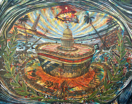 VICENTE HERN�NDEZ<br>
The Boiling Point<br>
(<i>El Punto de Hervor</i>)<br>
2016<br>
mixed media on canvas<br>
31 1/2 x 39 3/8 inches