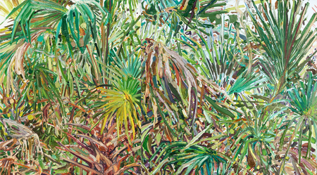 LILIAN GARCA-ROIG<br>
Palmage<br>
(<i>Palmar</i>)<br>
2014<br>
oil on canvas, diptych<br>
30 x 54 inches<br><br>
Illustrated in <i>IMPORTANT CUBAN ARTWORKS,<br>
Volume Fourteen</i>, page 160.