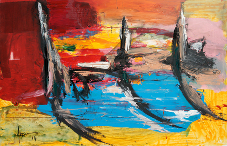 REYNIER FERRER<br>
Struggles, from the series: The Whole Island<br> 
(<i>Enfrentamientos, de la serie: La Isla Entera</i>)<br>2016<br>
mixed media on canvas<br>
55 x 85 inches
