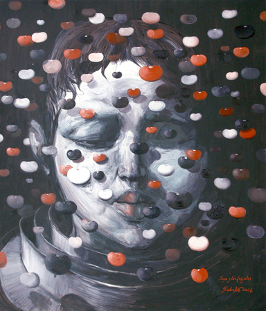ROBERTO FABELO<br>
Suyu and the Beans<br>
<i>(Suyu y los Frijoles)</i>, 2016<br>
oil on canvas<br>
93 x 79 inches<br>
<br>
Illustrated in <I>IMPORTANT CUBAN ARTWORKS</I>, Volume Fourteen, page 107.