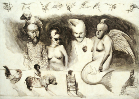 ROBERTO FABELO<br>
Friends Reunited <br>
<i>(Reuni�n de Amigos)</i>, 1990<br>
oil on canvas<br>
38 � x 54 � inches<br>
<br>
Illustrated in the upcoming <I>IMPORTANT CUBAN ARTWORKS</I>, Volume Fifteen.