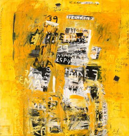 JORGE LUIS SANTOS<br>
Yellow Wall (From the series A-Z)<br>
<i>(Muro Amarillo, De la serie A-Z),
 </i>2016<br>
mixed media on canvas<br>
76 � x 71 � inches<br>

