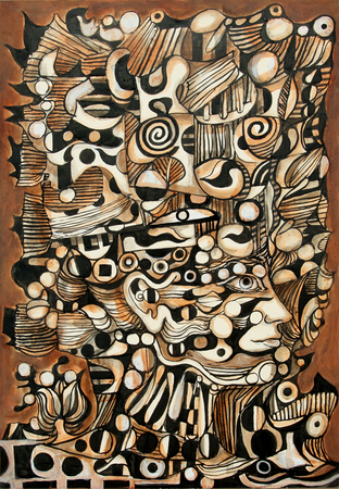 RENÉ PORTOCARRERO<br>
Ornamented Figure in Brown Background<br>
<i>(Figura Ornamentada en Fondo Marrón)</i>, 1968 <br>
mixed media on paper<br>
28 ⅝ x 20 inches<br><br>
Illustrated in <i>IMPORTANT CUBAN ARTWORKS</i>,
Volume Eleven, page 78.<br><br>
<i>Provenance:</i><br>
Private Collection, Stockholm, Sweden.<br><br>
<i>Exhibitions:</i><br>
This painting was exhibited in <i>One Hundred Years: Mariano and Portocarrero, A Two Artist Show,
<br>Cernuda</i> Arte, Coral Gables, Florida, August - September 2012.<br><br>
This painting is titled, signed and dated on the reverse, <i>“Figura Ornamentada, Portocarrero, 1968.”</i>
