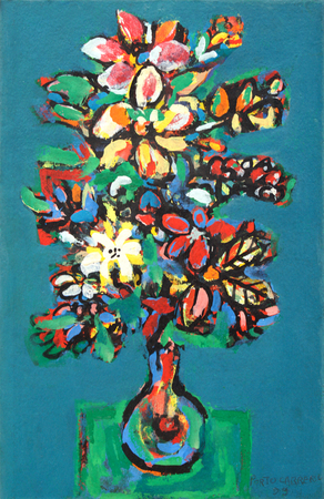 REN� PORTOCARRERO<br>
Flower Vase in Blue Background<br>
<i>(Florero en Fondo Azul)</i>, 1959<br>
mixed media on heavy paper laid down 
on board<br>
19 � x 12 inches<br><br>
Illustrated in <i>IMPORTANT CUBAN ARTWORKS</i>, 
<br>Volume Fourteen, page 84.<br><br>

<i>Provenance: </i><br>
The Tanyu-Levent Collection, 
Instanbul, Turkey
