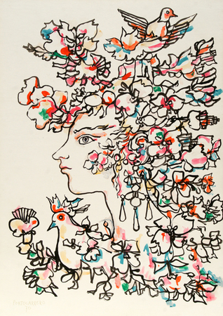 REN� PORTOCARRERO<br>
Woman with Doves<br>
<i>(Mujer con Palomas)</i>, 1970<br>
mixed media on heavy paper laid down on board<br>
28 � x 20 inches<br><br>

Illustrated in <i>IMPORTANT CUBAN ARTWORKS</i>,
<br>Volume Thirteen, page 71.
