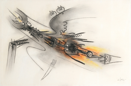 WIFREDO LAM<br>
Untitled [The Flight]<br>
<i>(Sin T�tulo [El Vuelo])</i>, 1964<br>
pastel on heavy paper laid down on board<br>
26 � x 40 � inches<br><br>
Illustrated in <i>IMPORTANT CUBAN ARTWORKS</i>,
Volume Eleven, page 58.<br><br>

<i>Provenance: </i><br>
Cambi, Casa d�Aste, Genova, Italy.
