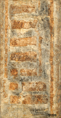 JUAN TAPIA RUANO<br>
Sequence<br>
<i>(Secuencia)</i>, 1969<br>
mixed media on heavy paper laid down on wood<br>
21  x 11 inches<br><br>

Illustrated in <i>IMPORTANT CUBAN ARTWORKS</i>,
<br>Volume Fourteen, page 97.
