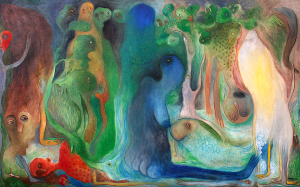 Manuel Mendive<br>Sueo y Transfiguracin<br>(<i>Dream and Transfiguration</i>), 1989<br>oil on canvas<br>46 x 74 3/4 inches<br></br>
Illustrated in the book, <i>Mendive</i> - Pierre Restany and Giorgio Segato, CarinArte, Padua, Italy, 1990, page 55.