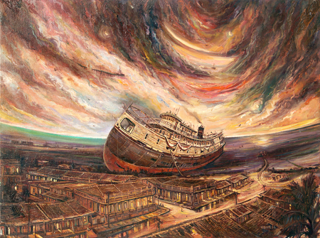 VICENTE HERNNDEZ<br>
The End of the Journey <br>
<i>(El Final de la Jornada)</i>, 2016<br>
mixed media on canvas<br>
23  x 31  inches<br><br>
