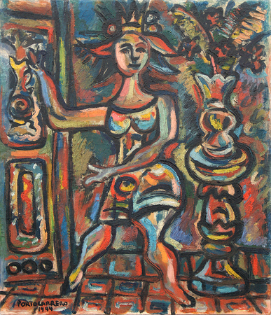 RENÉ PORTOCARRERO<br>
Cerro Interior with Dancing Figure<br>
(<i>Interior del Cerro con Figura Danzante</i>),
1944<br>
oil on wood<br>
18 x 15 5/8 inches<br><br>
<i>Illustrations:</i><br>
Illustrated in <i>Todo Sobre Portocarrero</I>, Compilación de Textos Críticos 1936-2010,<br> Ramón Vázquez Díaz, Axel Li, José Veigas, Ediciones Vanguardia Cubana, 2014, page 148.<br><br>
Illustrated in <i>Portocarrero</I>, Ramón Vázquez Díaz, Ediciones Vanguardia Cubana, 2015, page 88.<br></br><br></br>
