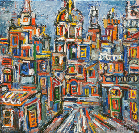 REN� PORTOCARRERO<br>
Havana Landscape<br>
(<i>Paisaje de La Habana</i>), 1961<br>
oil on canvas<br>
25 1/8 x 26 1/8 inches<br><br>
<i>Provenance:</i><br> 
Acquired from the artist.<br>
Private Collection, New York, New York.<br></br>
<i>Illustrations:</i><br>
Illustrated in an article, <i>Ren� Portocarrero</I>, Espacio 1 Magazine in 1962.
