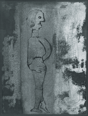 RA�L MILI�N <br>
Figure<br>
(<i>Figura</i>), 1958<br>
mixed media on cardboard<br>
14 3/4 x 11 inches
