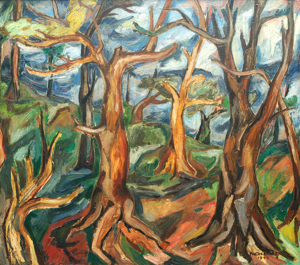 Ren� Portocarrero<br>
Landscape<br> (<i>Paisaje</i>), 1944<br>
oil on board<br> 31 x 35 inches<br><br>
<i>Provenance</i>:<br>
Juan David Collection, Havana, Cuba.<br>
Time Dimension + Color, Coral Gables, Florida.<br>
Jos� Cordera Collection, San Juan, Puerto Rico.<br>
<i>Cernuda</i> Arte, Coral Gables, Florida.<br>
Private Collection, Coral Gables, Florida.<br><br>
<i>Exhibitions</i>:<br>Exhibited at <i>Ren� Portocarrero Exposici�n
Retrospectiva</i>, National Museum,<br> Havana,
Cuba, July 1967, lot 47.<br>
(Museum�s exhibition label attached on
the back of the work.)<br><br>
<i>Illustrations:</i><br>
This painting is illustrated in the book
<i>Cuban Art, Remembering Cuba Through
its Art</i>, 2004,<br> Arte el D�a International,
Miami, Florida, page 147.<br>
It is also illustrated in the book
<i>Portocarrero, Ram�n V�zquez D�az</i>,<br>
Fundaci�n Arte Cubano, 2015,
pages 124�125.<br><br>
Illustrated in <i>Important Cuban Artworks, Volume Fifteen, Cernuda</i> Arte,<br>
Coral Gables, Florida, November 2017, pg. 52.