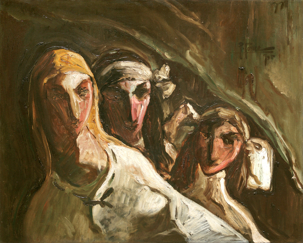 Fidelio Ponce de León<br> Painting, Three Women<br> (<i>Pintura, Tres Mujeres</i>), 1935<br> oil on canvas<br> 24 x 29 ˝ inches<br><br>
<i>Provenance</i>:<br> Private Collection, Santo Domingo, Dominican Republic.<br><br>
This painting will be included and illustrated in the forthcoming book,<br> <i>Fidelio Ponce de León, A Cuban Original</i>,
by Professor Juan A. Martínez.<br><br>
This painting is also signed, titled, and dated by the artist on the back.<br><br>
Illustrated in <i>Important Cuban Artworks, Volume Fifteen, Cernuda</i> Arte,<br>
Coral Gables, Florida, November 2017, pg. 20.