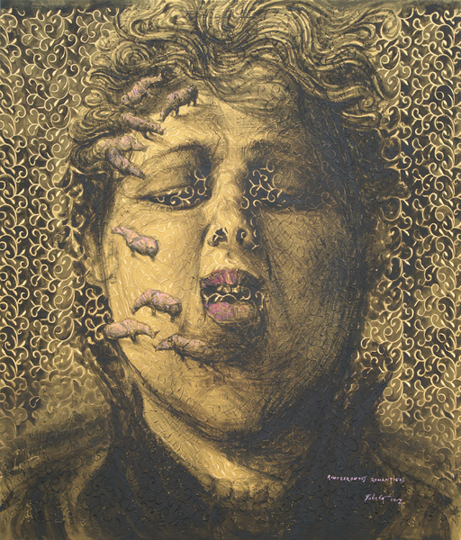 Roberto Fabelo<br> Romantic Rhinoceros<br> (<i>Rinocerontes Románticos</i>), 2017<br> acrylic on embroidered silk<br>55 ¾ x 47 ¾ inches<br><br> Illustrated in <i>Important Cuban Artworks, Volume Fifteen, Cernuda</i> Arte,<br>
Coral Gables, Florida, November 2017, pg. 118.