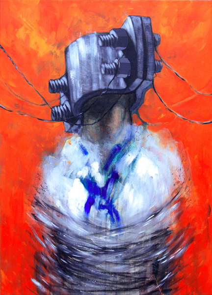 Dayron Gonzlez<br>Alta Tensin<br>(<i>High Voltage</i>), 2011<br>mixed media on canvas<br>42 1/2 x 30 3/4 inches