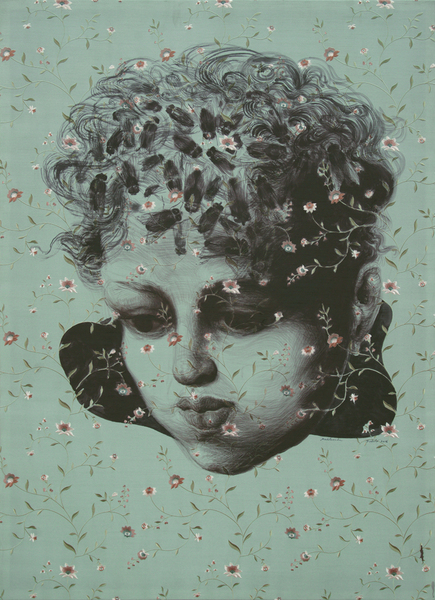 Roberto Fabelo<br> Meditation<br> (<i>Meditaci�n</i>), 2016<br> acrylic on embroidered silk<br> 65 � x 48 inches<br><br>
Illustrated in the book <i>Fabelo, Persistencia</i>,<br> Roma, Palazzo della Cancilleria, May, 2017, page 71.<br><br>
Illustrated in <i>Important Cuban Artworks, Volume Fifteen, Cernuda</i> Arte,<br>
Coral Gables, Florida, November 2017, pg. 117.