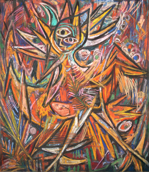 Ren� Portocarrero <br>
Winged Figure in the Bush</br> 
(<i>Figura Alada en el Monte</i>), 1947<br>
mixed media on heavy paper laid down on board</br>
 24 � x 21 � inches<br></br>


<i>Provenance:</i><br>
The Estate of Joshua and Nedda Logan, New York, New York.
Joshua Logan (1908-1988) was an actor,<br> director and writer. He was active in Broadway productions such as Annie Get Your Gun, South Pacific,<br> Mister Roberts and others. He was awarded the Pulitzer Prize for Drama for co-writing South Pacific in 1950.<br><br>
Illustrated in <i>Important Cuban Artworks, Volume Fifteen, Cernuda</i> Arte,<br>
Coral Gables, Florida, November 2017, pg. 56.