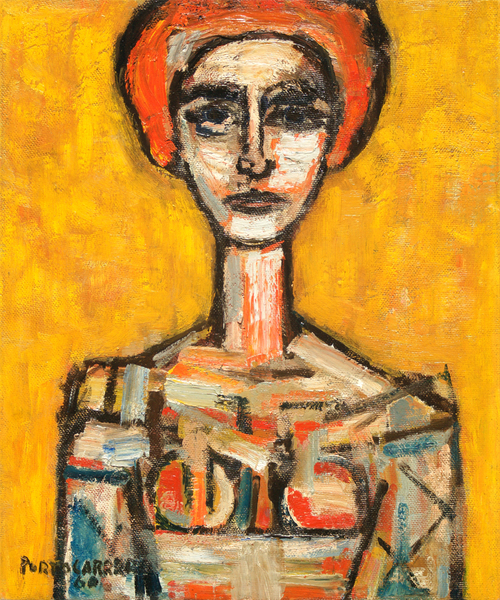Ren� Portocarrero<br> Woman in Yellow Background<br> (<i>Mujer en Fondo Amarillo</i>), 1960<br>
oil on canvas laid down on Masonite<br> 23 x 19 � inches<br><br>
Illustrated in <i>Important Cuban Artworks, Volume Fifteen, Cernuda</i> Arte,<br>
Coral Gables, Florida, November 2017, pg. 59.