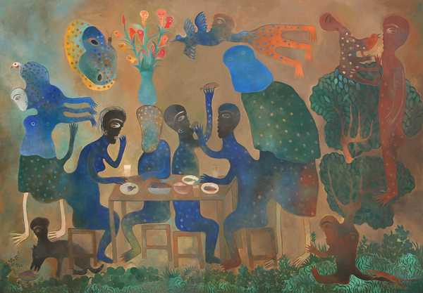 Manuel Mendive<br> Dinner at Sunset<br> (<i>Comemos al Atardecer</i>), 2007<br> acrylic on canvas<br> 67 x 96 inches<br><br>
<i>Provenance</i>:<br> Acquired directly from the artist.<br><br>
Illustrated in <i>Important Cuban Artworks, Volume Fifteen, Cernuda</i> Arte,<br>
Coral Gables, Florida, November 2017, pg. 131.