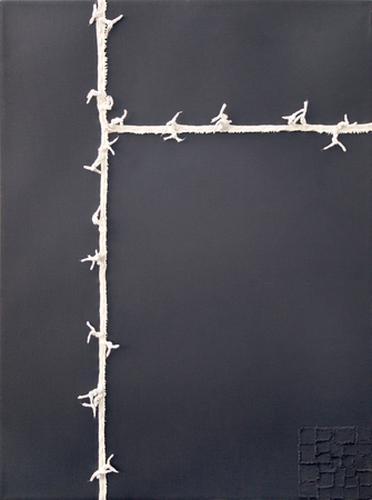 Juan Roberto Diago<br>
Looking for You on the Road<br>
(<i>Buscndote en el Camino</i>), 2012<br>
mixed media on canvas<br>
79 x 59 1/2 inches<br><br>