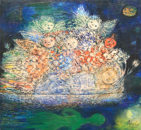 Eduardo Abela<br> Childhood Dreams<br> (<i>Sueños de la Infancia</i>), ca. 1955<br> oil on board<br> 13 ½ x 14 ½ inches<br><br>
Illustrated in <i>Important Cuban Artworks, Volume Fifteen, Cernuda</i> Arte,<br>
Coral Gables, Florida, November 2017, pg. 35.