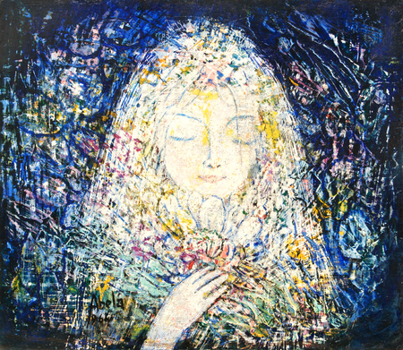 Eduardo Abela<br>Young Bride with Flower Bouquet<br> (<i>Novia con Bouquet de Flores</i>), 1964<br>
oil on canvas laid down on board<br> 12 ½ x 14 ½ inches<br><br>
Illustrated in <i>Important Cuban Artworks, Volume Fifteen, Cernuda</i> Arte,<br>
Coral Gables, Florida, November 2017, pg. 37.