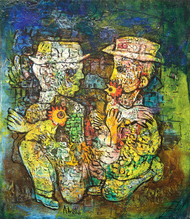 Eduardo Abela<br> Men with Roosters<br> (<i>Hombres con Gallos</i>), ca. 1960<br>
oil on board<br> 13 � x 12 inches<br><br>
Illustrated in <i>Important Cuban Artworks, Volume Fifteen, Cernuda</i> Arte,<br>
Coral Gables, Florida, November 2017, pg. 36.