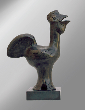 Mariano Rodriguez<br>  Rooster<br> (<i>Gallo</i>), 1987<br> bronze, 6 of 6<br> 15 1/4 x 11 x 5 3/4 inches<br><br>
Exhibited in <i>Mariano, La Fiesta del Amor</i>, Fondo Cubano de Bienes Culturales,<br> Havana, Cuba, May 1987.<br>
Illustrated (the terracotta model for this sculpture) in the corresponding<br> exhibition catalog, number 50.<br>
Exhibited in <i>Mariano, Arco, 2005</i>, Arco Art Fair, Madrid, Spain, February 2005,<br>
and illustrated (different number) and listed in the corresponding<br> exhibition brochure, number 10.<br><br>
Illustrated in <i>Important Cuban Artworks, Volume Fifteen, Cernuda</i> Arte,<br>
Coral Gables, Florida, November 2017, pg. 76.