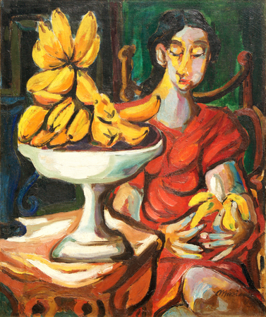 Mariano Rodr�guez<br> Woman with Fruits<br> (<i>Mujer con Frutas</i>), 1943<br> oil on canvas<br> 24 1/2 x 20 1/8 inches<br><br>
<i>Provenance</i>:<br> Sonia B�ez Collection, Havana, Cuba;<br> Private Collection, Santo Domingo, Dominican Republic.<br><br>
Exhibited in <i>Mariano, Una Energ�a Voluptuosa</i>, Casa de las Am�ricas,<br> Havana, Cuba, and listed in the corresponding catalog, no. 34.<br>
Exhibited in <i>Subasta Habana</i>, Havana, Cuba, 2005,<br> and illustrated in the corresponding auction catalog, pages 51 & 52.<br><br>
Illustrated in the book, <i>Mariano, Tema, Discurso y Humanidad</i>, Dannys Montes de Oca,<br>Escand�n Impresores, Seville, Spain, 2004, page 129.<br>
Illustrated in <i>Mariano, Cat�logo Razonado, Pintura y Dibujo 1936-1949, Volumen I</i>,<br> Segunda Edici�n, Seville, Spain, 2008, page 130, no. 43.13.<br><br>
Inventoried in the Musuem of Modern Art (MoMA), New York, under code 44.505, loan no. 6.