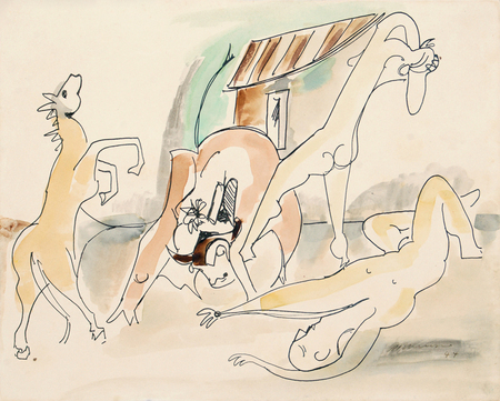 Mariano Rodr�guez<br> Two Women with a Bull and a Horse<br> (<i>Dos Mujeres con Toro y Caballo</i>), 1945<br>
mixed media on heavy paper laid down on board<br> 11 x 13 � inches<br><br>
<i>Provenance</i>:<br> The Estate of Mariano Rodr�guez.<br><br>
Illustrated in <i>Mariano, Cat�logo Razonado, Volume I</i>, 2nd Edition,<br> page 191, no. 45.23.<br><br>
Illustrated in <i>Important Cuban Artworks, Volume Fifteen, Cernuda</i> Arte,<br>
Coral Gables, Florida, November 2017, pg. 69.