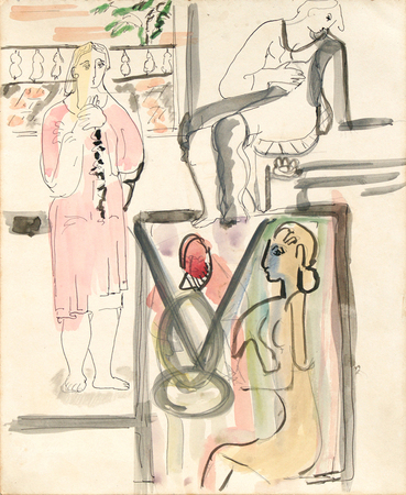 Mariano Rodr�guez<br>
Three Women in Interior<br>
(<i>Tres Mujeres en Interior</i>), ca. 1943<br>
mixed media on heavy paper, double sided<br>
13 � x 10 � inches<br><br>
Illustrated in <i>Mariano, Cat�logo Razonado,
Volume I</i>, 2nd Edition,<br> page 95, no. 43.171.<br><br>
Illustrated in <i>Important Cuban Artworks, Volume Fifteen, Cernuda</i> Arte,<br>
Coral Gables, Florida, November 2017, pg. 67.