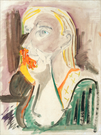 Mariano Rodríguez<br> Woman with Flowers in Her Hand<br> (<i>Mujer con Flores en la Mano</i>), ca. 1943<br>
mixed media on paper laid down on masonite<br> 19 ¼ x 14 ½ inches<br><br>
<i>Provenance</i>:<br> The Estate of Mariano Rodríguez.<br>
This painting is accompanied by a photo-certificate of authenticity<br> signed by Dolores and Alejandro Rodríguez,<br>
daughter and son of the artist.<br><br>
Illustrated in <i>Mariano, Catálogo Razonado, Volume I</i>, 2nd Edition,<br> page 155, no. 43.103.<br><br>
Illustrated in <i>Important Cuban Artworks, Volume Fifteen, Cernuda</i> Arte,<br>
Coral Gables, Florida, November 2017, pg. 64.