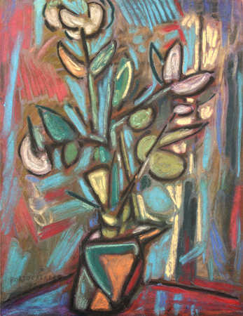 René Portocarrero<br> Flowers in Interior<br> (<i>Flores en Interior</i>), 1947<br>
mixed media on heavy paper laid on board<br> 16 ½ x 12 ¾ inches<br>
<i>Provenance</i>:<br> The Estate of Joshua and Nedda Logan, New York, New York.<br><br>
Illustrated in <i>Important Cuban Artworks, Volume Fifteen, Cernuda</i> Arte,<br>
Coral Gables, Florida, November 2017, pg. 57.