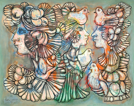 Ren� Portocarrero <br> Women with Doves<br> (<i>Mujeres con Palomas</i>), 1974<br>
mixed media on heavy paper laid down on board<br> 23 x 29 inches<br>
This painting was exhibited at Christie�s East, New York, November 23, 1999, lot 77,<br>
and it is illustrated in the corresponding auction catalog.<br><br>
<i>Provenance:</i><br> Private Collection, Miami, Florida.<br><br>
Illustrated in <i>Important Cuban Artworks, Volume Fifteen, Cernuda</i> Arte,<br>
Coral Gables, Florida, November 2017, pg. 177.