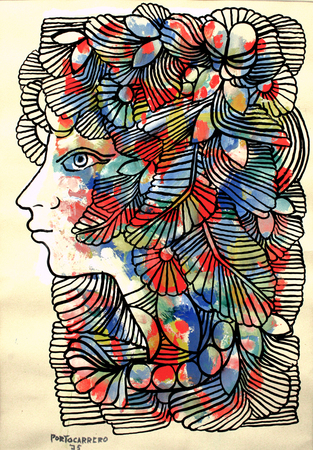 Ren� Portocarrero<br> Ornamented Head of a Woman<br> (<i>Cabeza de Mujer Ornamentada</i>), 1975<br>
mixed media on heavy paper<br> 29 x 20 inches<br><br>
<i>Provenance</i>:<br> Collection Warsaw, Poland.<br><br>
Illustrated in <i>Important Cuban Artworks, Volume Fifteen, Cernuda</i> Arte,<br>
Coral Gables, Florida, November 2017, pg. 62.