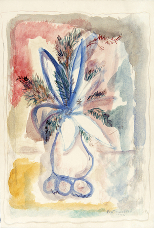 Ren� Portocarrero<br>
Flower Vase<br> (<i>Florero</i>), 1942<br> mixed media on heavy paper laid down on board<br>
14 x 9 1/2 inches<br><br>
<i>Provenance</i>:<br>
This artwork was part of the Odette Lavergne Collection,
Paris, France.<br> It is illustrated in the Besch Commissaire- Priseur
exhibition catalogue<br> of the Mme. Odette Lavergne Collection,
Cannes, France,<br> November 1, 2009, page 58.<br><br>
Illustrated in <i>Important Cuban Artworks, Volume Fifteen, Cernuda</i> Arte,<br>
Coral Gables, Florida, November 2017, pg. 55.