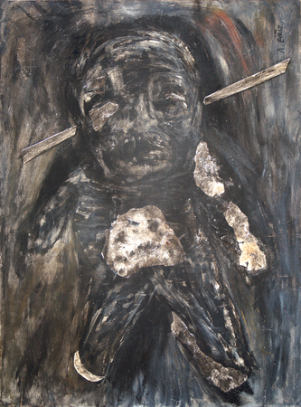 Antonia Eiriz<br>
In Agony<br> (<i>En Agon�a</i>), ca. 1965<br>
oil on metal laid down on wood<br>
18 � x 13 � inches<br><br>
This painting is accompanied by a
photo-certificate of authenticity<br> signed by
Pablo Vidal Eiriz, son of the artist.<br><br>
Illustrated in <i>Important Cuban Artworks, Volume Fifteen, Cernuda</i> Arte,<br>
Coral Gables, Florida, November 2017, pg. 90.
