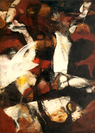 Ra�l Mart�nez<br> Painting<br> (<i>Pintura</i>), 1957<br> mixed media on canvas<br> 70 x 50 inches<br><br>
<i>Provenance</i>:<br> Iv�n Ca�as Collection, Havana, Cuba.<br>
Private Collection, Key Biscayne, Florida<br><br>
Illustrated in the book <i>Pintores Cubanos</i>, Ediciones R., Havana, Cuba,<br> Edmundo Desnoes, 1962, page 191.<br>
Also illustrated in the book, <i>Ra�l Mart�nez, La Gran Familia</i>,<br> Corina Matamoros, 2015, page 34, Fig. 18<br><br>
Illustrated in <i>Important Cuban Artworks, Volume Fifteen, Cernuda</i> Arte,<br>
Coral Gables, Florida, November 2017, pg. 88.