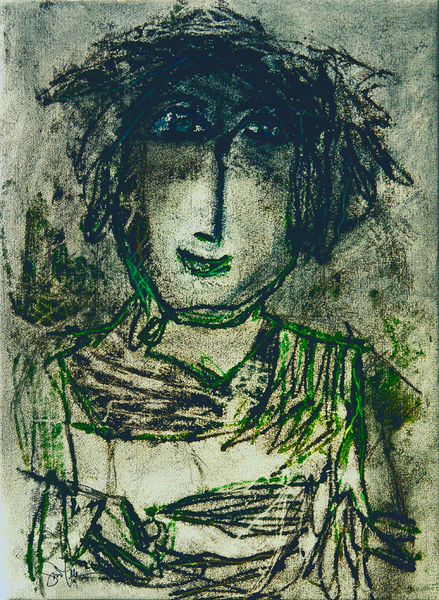 Gina Pelln<br>Mujer en Negro No. 1<br>(<i>Woman in Black No. 1</i>), 2008<br>mixed media on heavy paper laid down on canvas<br>28 1/2 x 21 inches