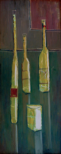 Angel Acosta León<br>
Bottles<br> (<i>Botellas</i>), 1958<br>
oil on wood<br> 22 x 9 ½ inches<br><br>
<I>Provenance</i>:<br> Galería Habana, Arte y Cinema, La Rampa, Havana, Cuba, exhibited in
November 1958.<br>
Collection, Maurice Roth, Atlanta, Georgia.<br><br>
Illustrated in <i>Important Cuban Artworks, Volume Fifteen, Cernuda</i> Arte,<br>
Coral Gables, Florida, November 2017, pg. 96.