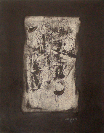 Ra�l Mili�n <br>
Traces<br> (<i>Indicios</i>), 1977<br>
mixed media on heavy paper laid down on board<br>
15 � x 11 � inches<br><br>
Illustrated in <i>Important Cuban Artworks, Volume Fifteen, Cernuda</i> Arte,<br>
Coral Gables, Florida, November 2017, pg. 86.

