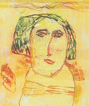 GINA PELL�N<br>
Kachina Doll in Gold<br>
(<i>Mu�eca Kachina Dorada</i>), 2011<br>
mixed media on heavy paper
laid down on wood<br>
17 x 14 ⅝ inches