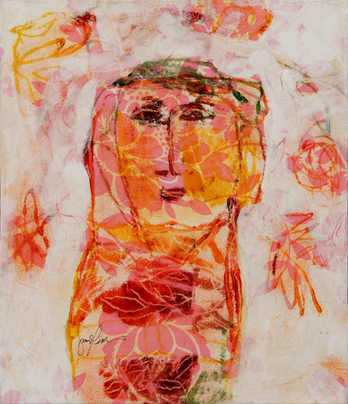 GINA PELL�N<br>
Kachina Doll in Rose<br> 
(<i>Mu�eca Kachina en Rosa</i>), 2011<br>
mixed media on heavy paper
laid down on wood<br>
17 � x 14 � inches