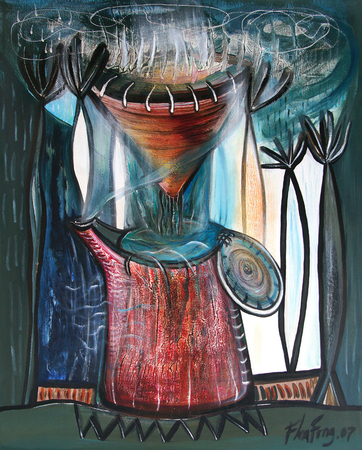 FLORA FONG<br>
Coffee Maker<br>
(<i>Cafetera</i>), 2007<br>
mixed media on canvas<br>
39 x 31 � inches