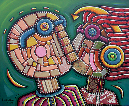 ALFREDO SOSABRAVO<br>
The Kiss <br>
(<i>El Beso</i>), 2005<br>
oil and collage on canvas<br>
32 x 39 � inches

