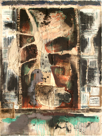 JUAN ROBERTO DIAGO<br>
Something Is Growing <br>
(<i>Algo Est� Creciendo</i>), 2004<br>
mixed media on canvas<br>
79 x 59 � inches